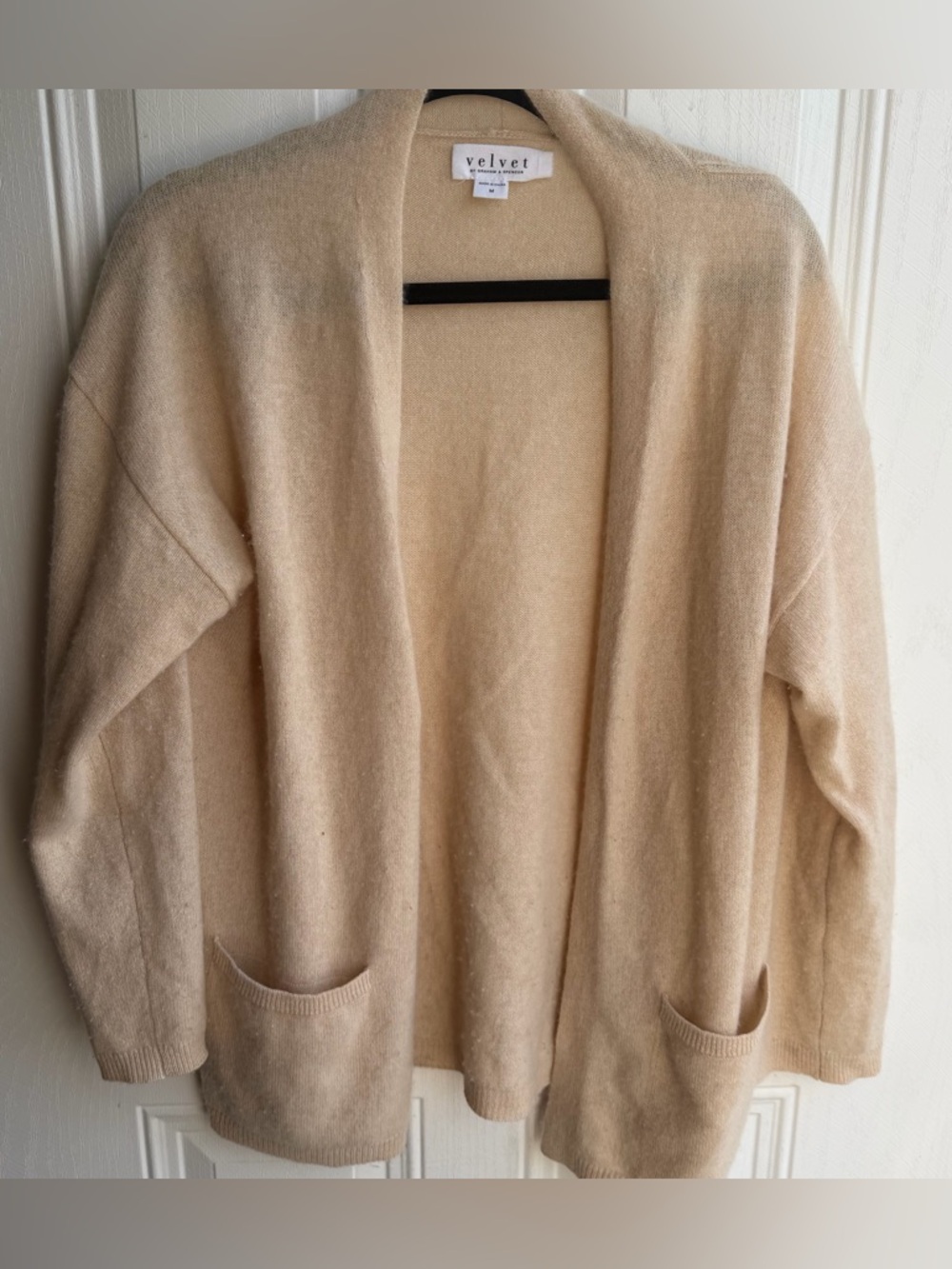 Velvet by Graham & Spencer Beige Open-Front Cozy Boho Cardigan 100% Cashmere